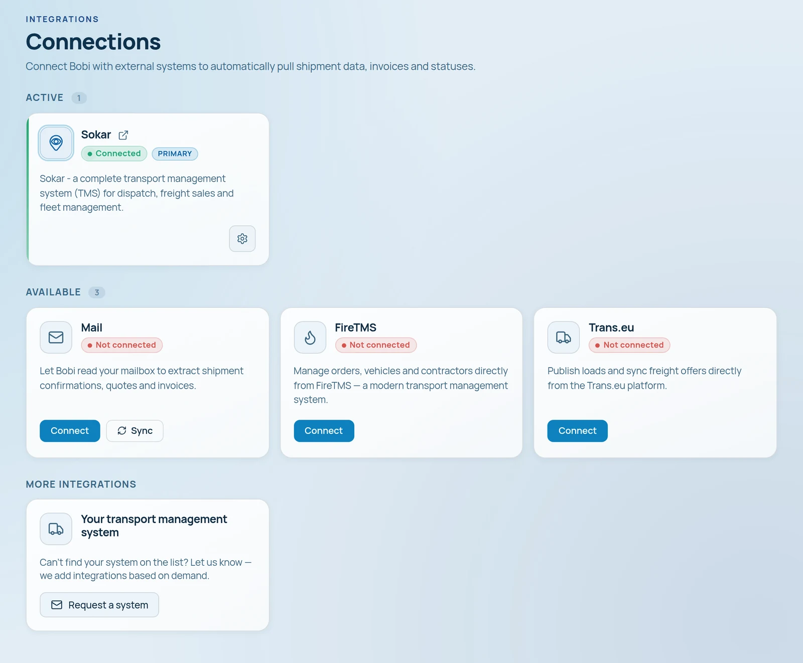 The Connections screen in the app: Sokar connected as the primary transport management system, mail, FireTMS and Trans.eu ready to connect, plus a way to request a system that is not on the list