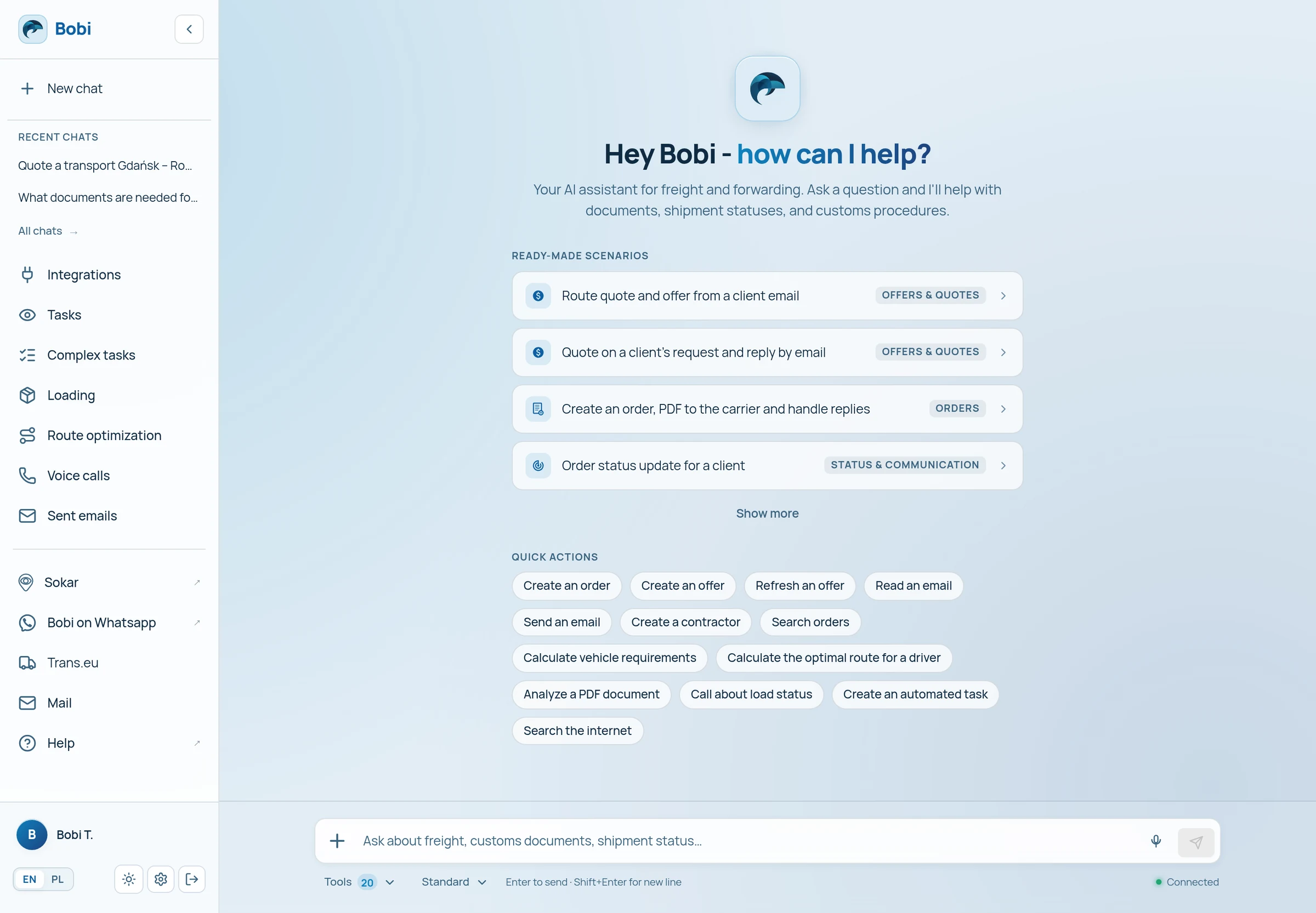 Bobi's start screen in the browser: greeting, ready-made freight scenarios, quick actions, a field to ask a question, and a sidebar with recent conversations, integrations, tasks and route optimization