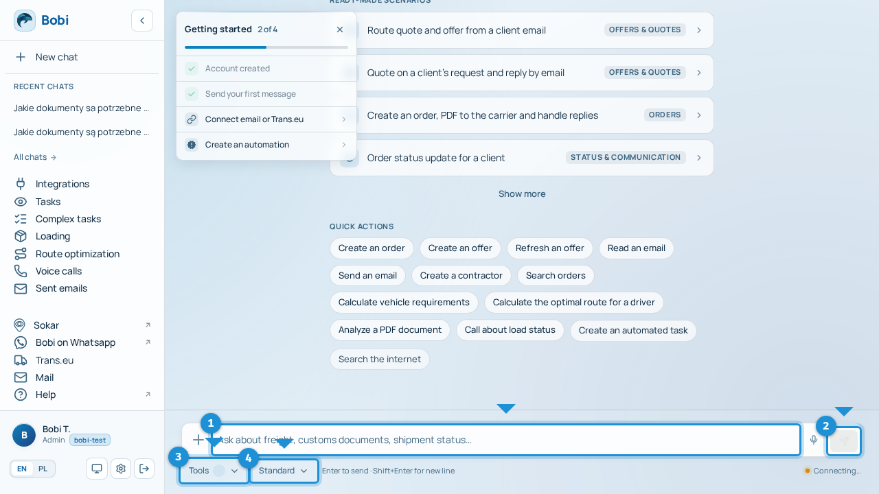 Bobi's chat window: message input, send button, and the tools and model switches