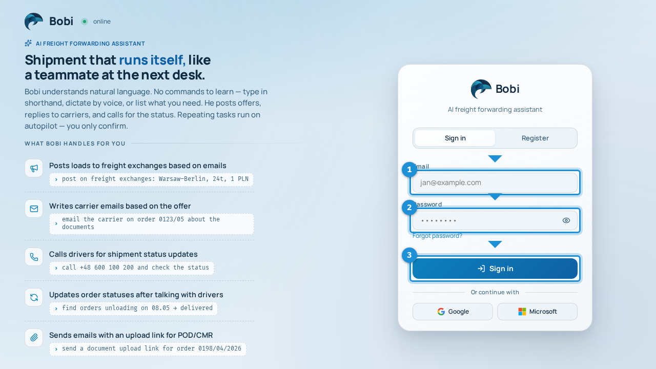 Login form with email and password fields