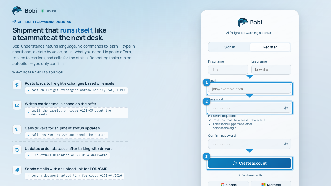 Sign-up tab with first name, last name, email and password fields