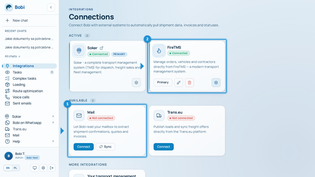 Integration cards on the „Integrations” screen showing different states — connected and needing attention