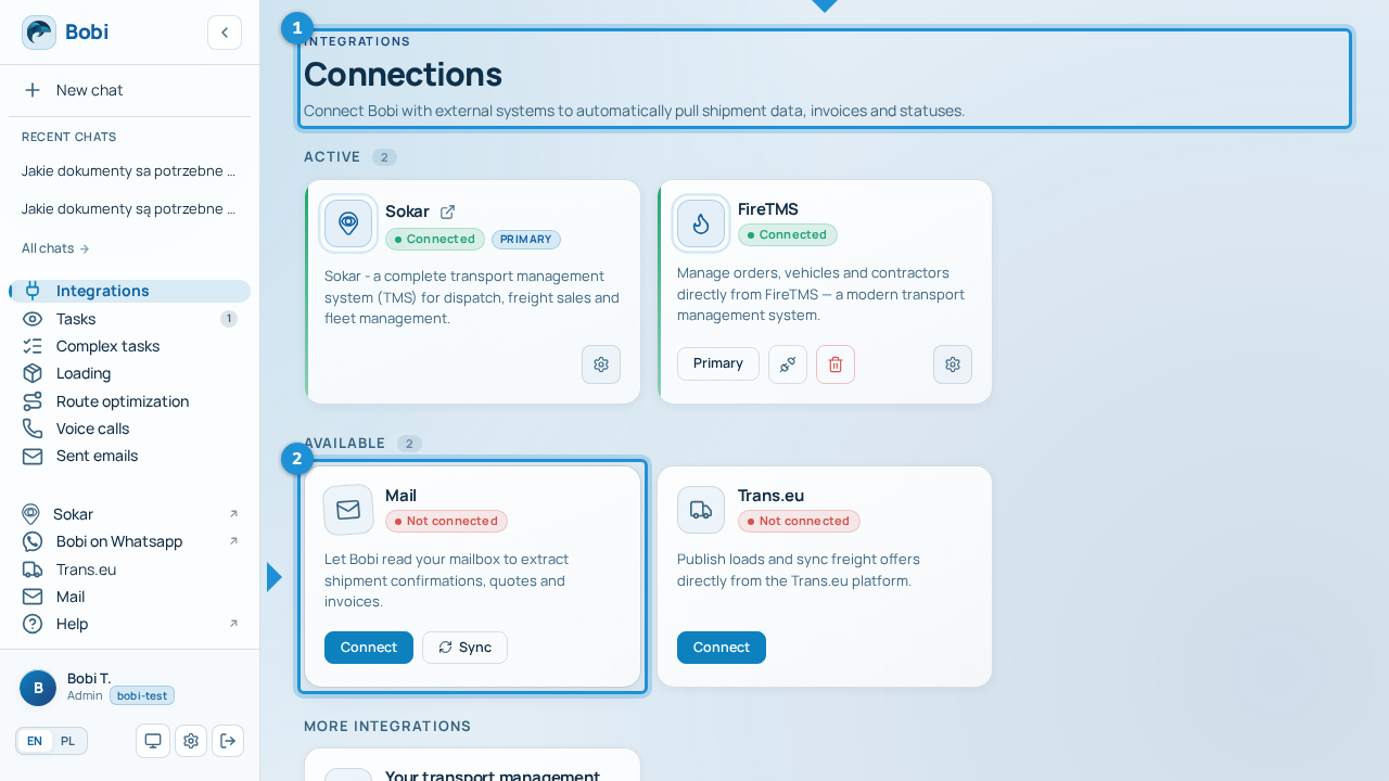 The „Integrations” screen with a header and cards for each integration