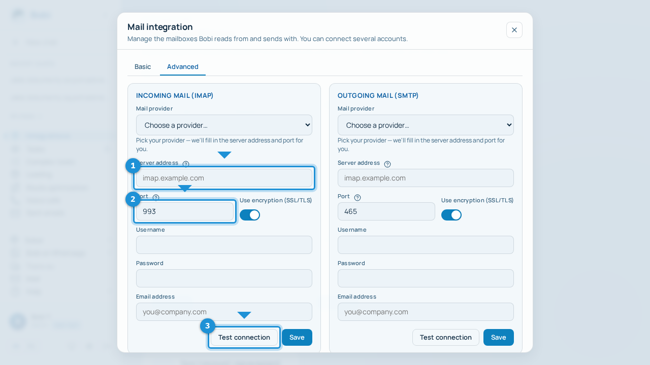Advanced view of the email window with IMAP and SMTP server fields