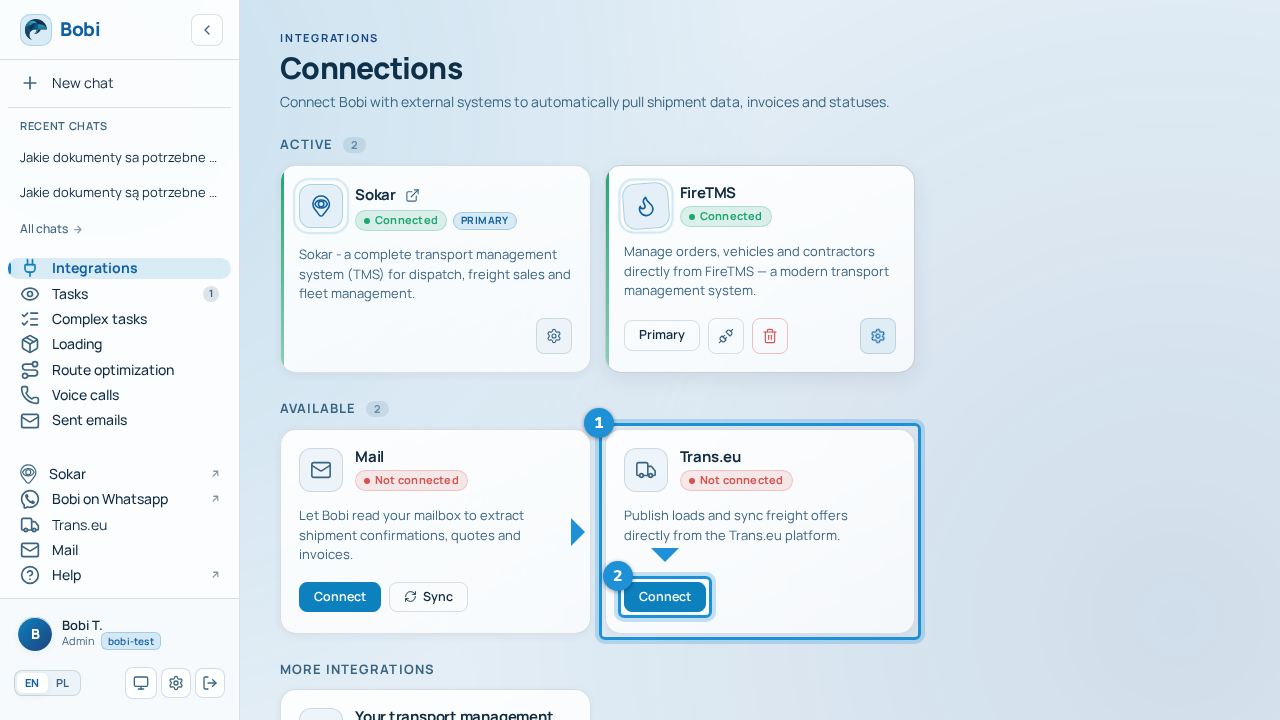 The „Trans.eu” card on the Integrations screen with a „Connect” button