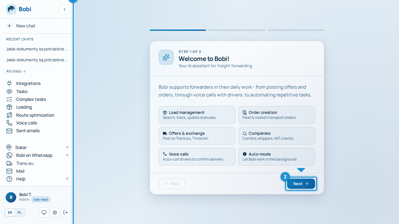 Onboarding wizard showing the step indicator and the Next button