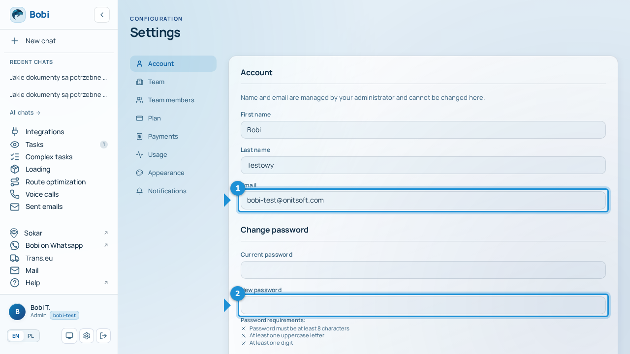 The “Account” section in Settings with read-only details and the change-password form