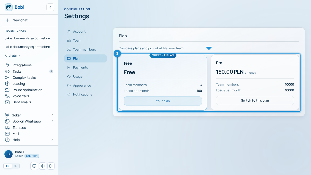 The “Plan” section in Settings: a grid of available plans with price, member and load limits, the current plan marked, and plan-selection buttons