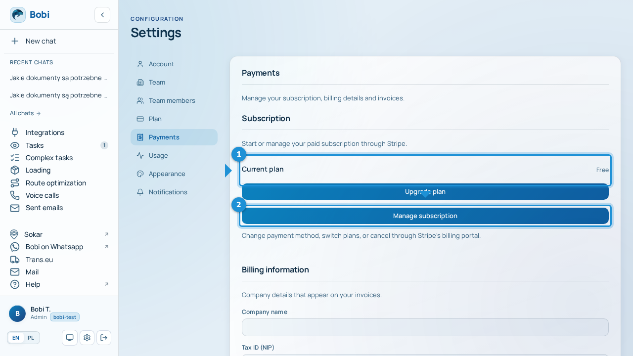 The “Payments” section in Settings: the current plan card with the “Upgrade plan” and “Manage subscription” buttons