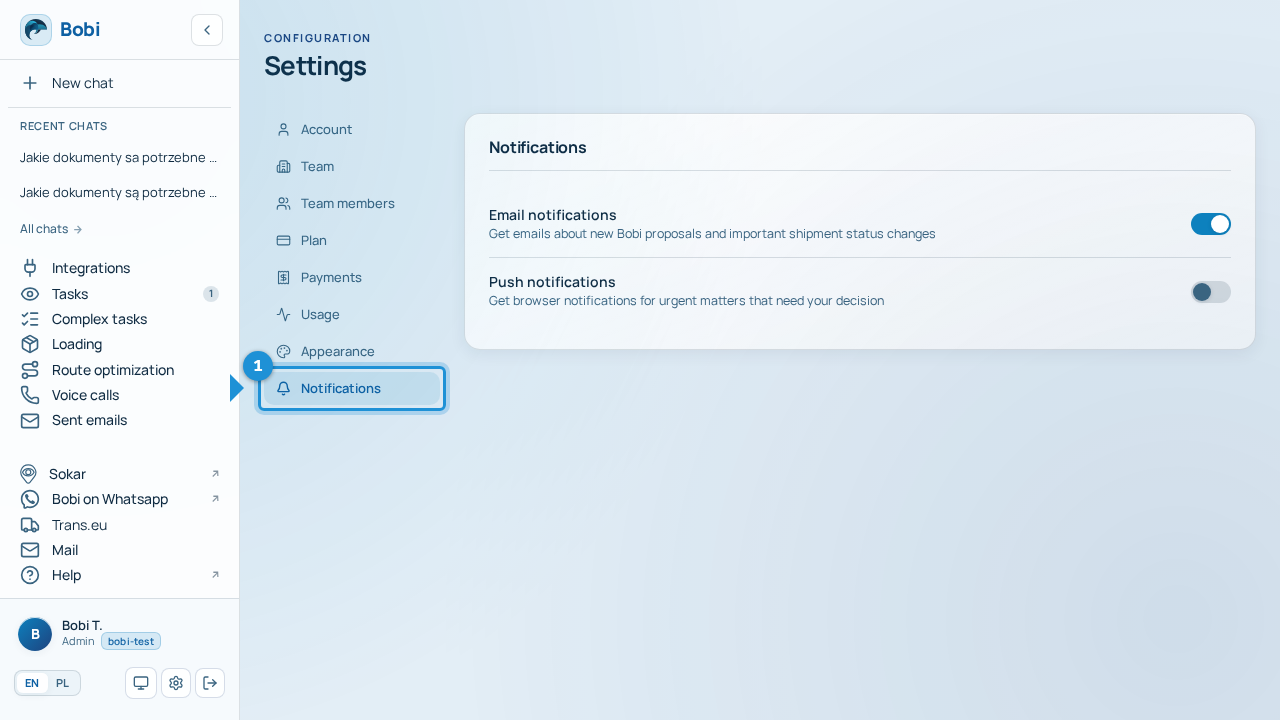 The “Notifications” section in Settings with two toggles: email and browser notifications