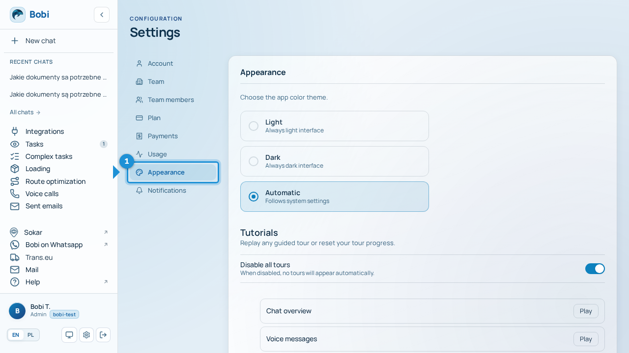 The “Appearance” section in Settings with three theme options: light, dark and automatic