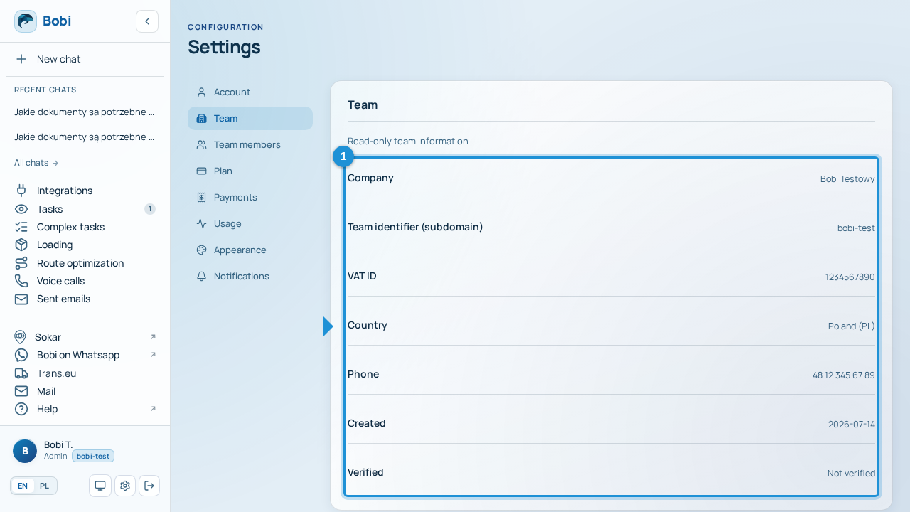 The “Team” section in Settings with read-only company details