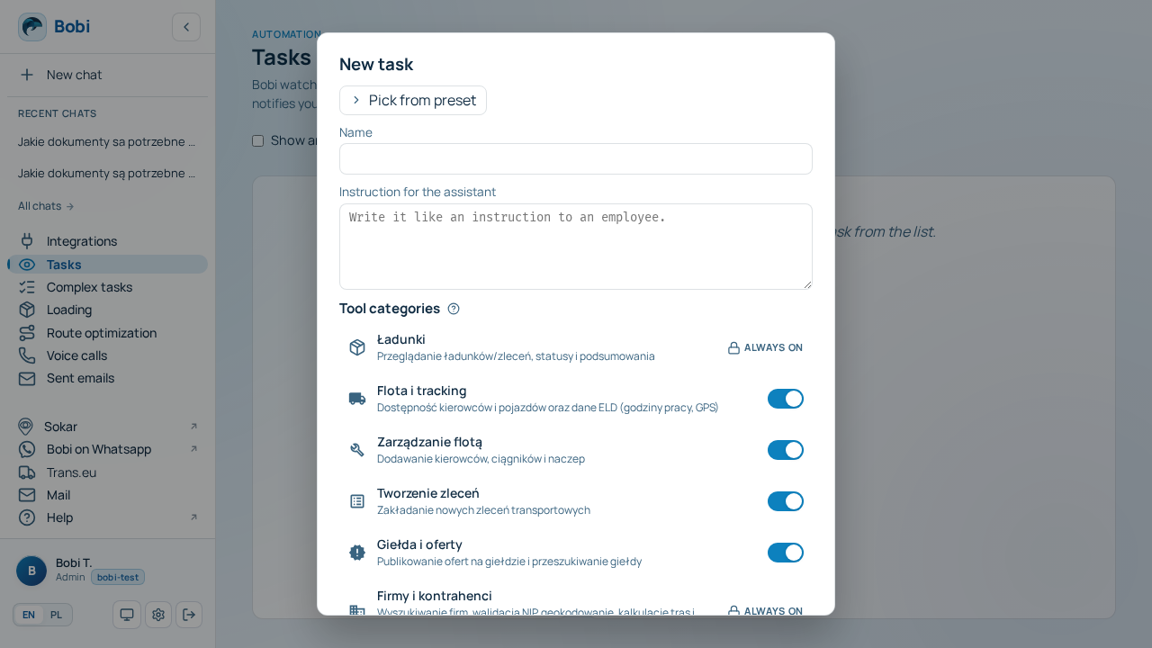 New task form with name, prompt and trigger fields
