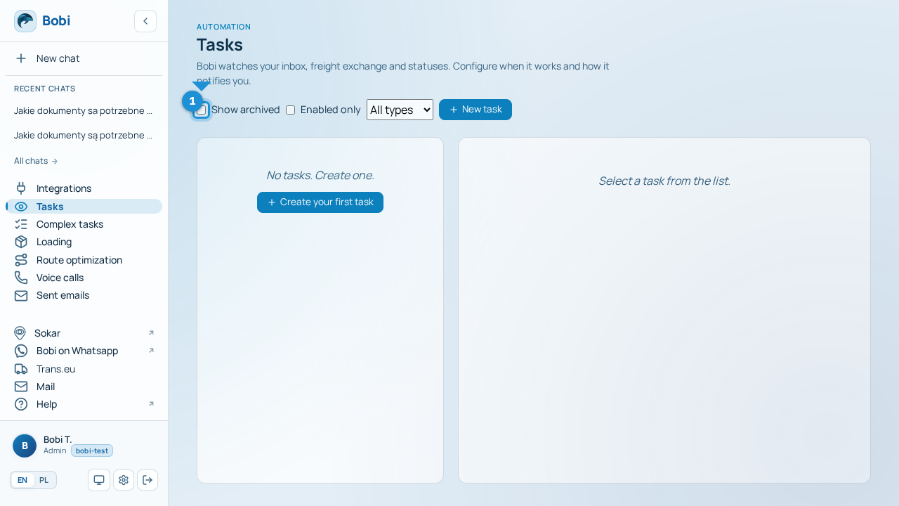 The task list with filters and the details of a selected task with its action buttons