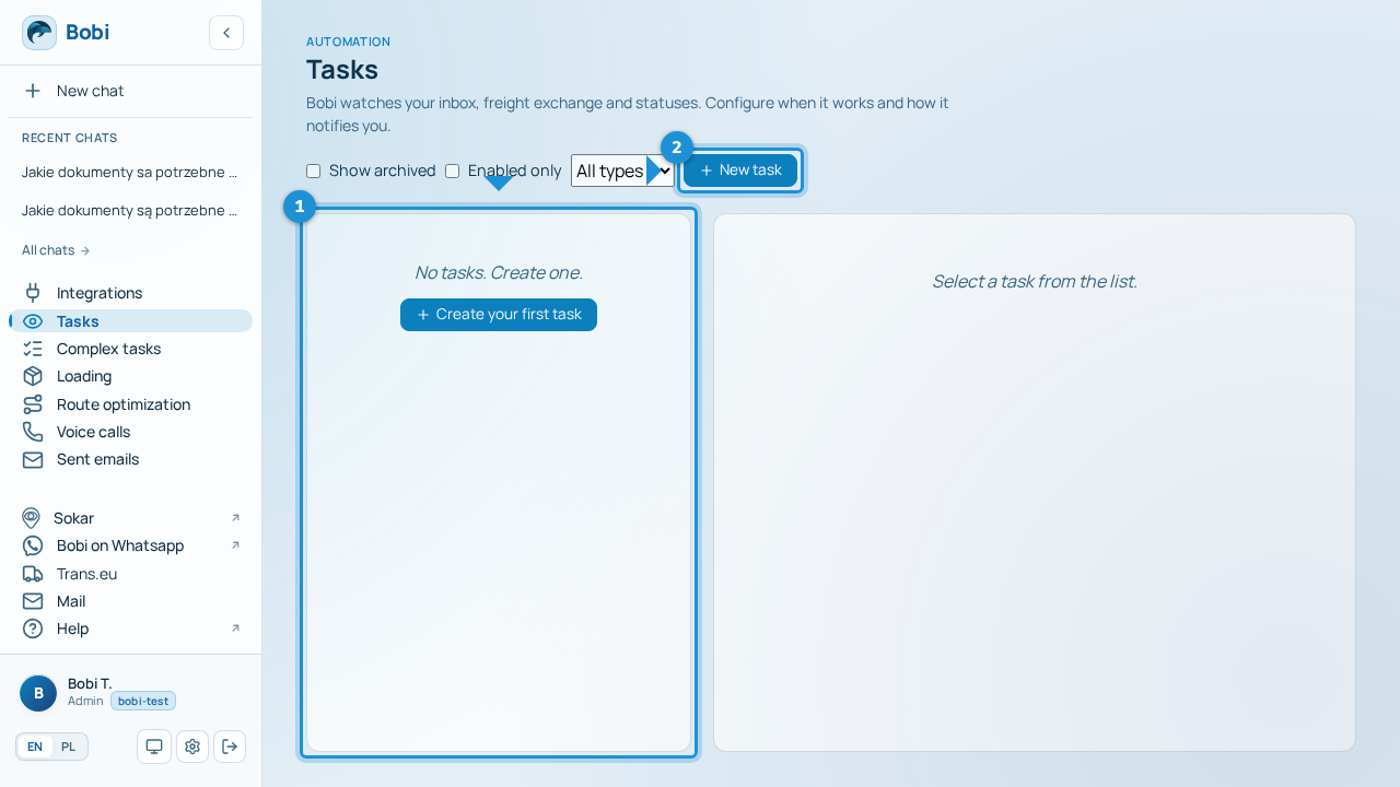 Task list with the „New task” button