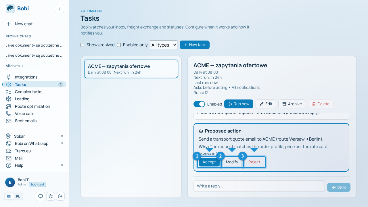 Proposal card with the Accept, Modify and Reject buttons