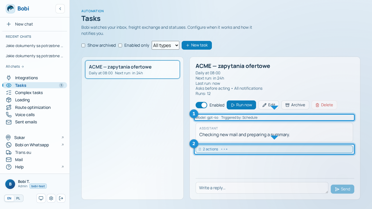 A running task's thread with an action group, the current-tool indicator and the run metadata