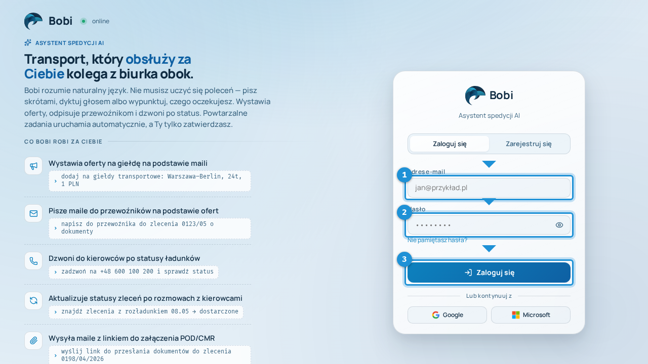 Formularz logowania z polami e-mail i hasło