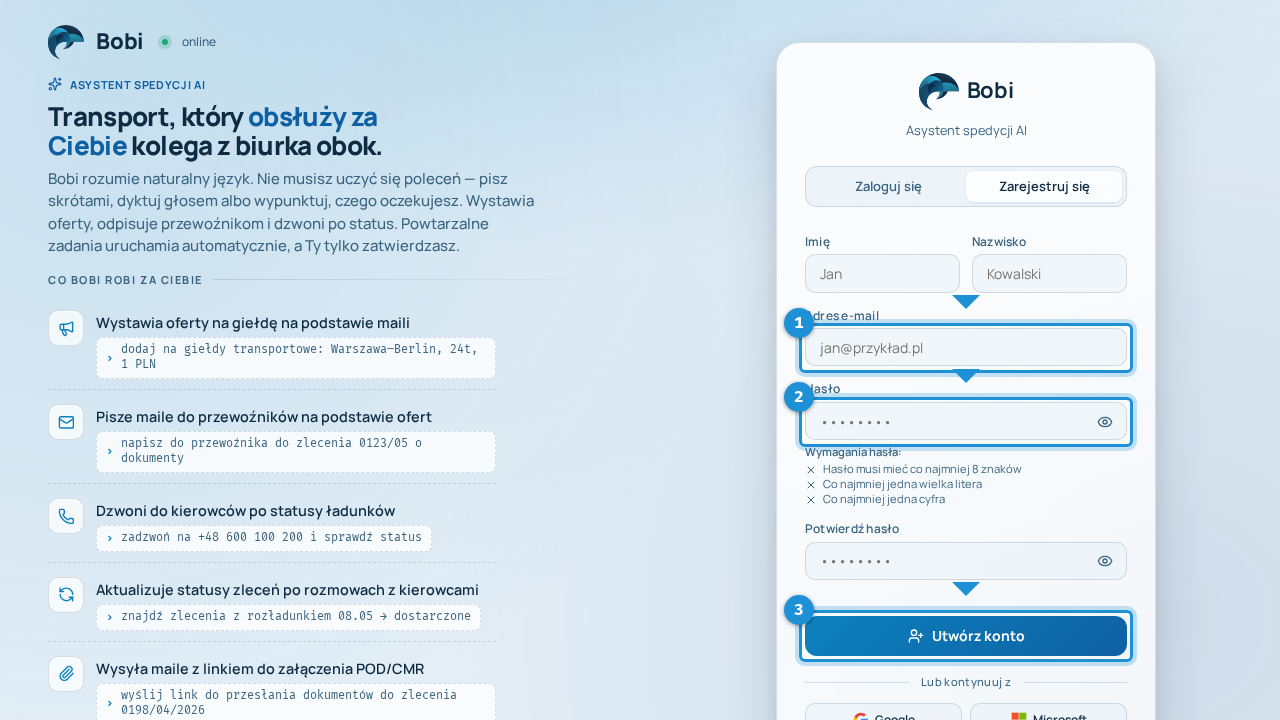 Zakładka rejestracji z polami imię, nazwisko, e-mail i hasło