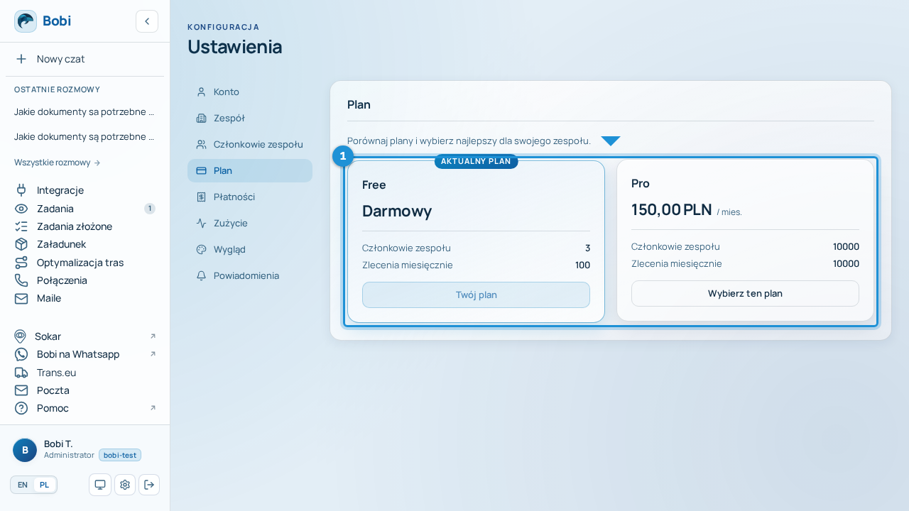 Sekcja „Plan” w Ustawieniach: siatka dostępnych planów z ceną, limitami członków i zleceń, znacznikiem aktualnego planu oraz przyciskami wyboru planu