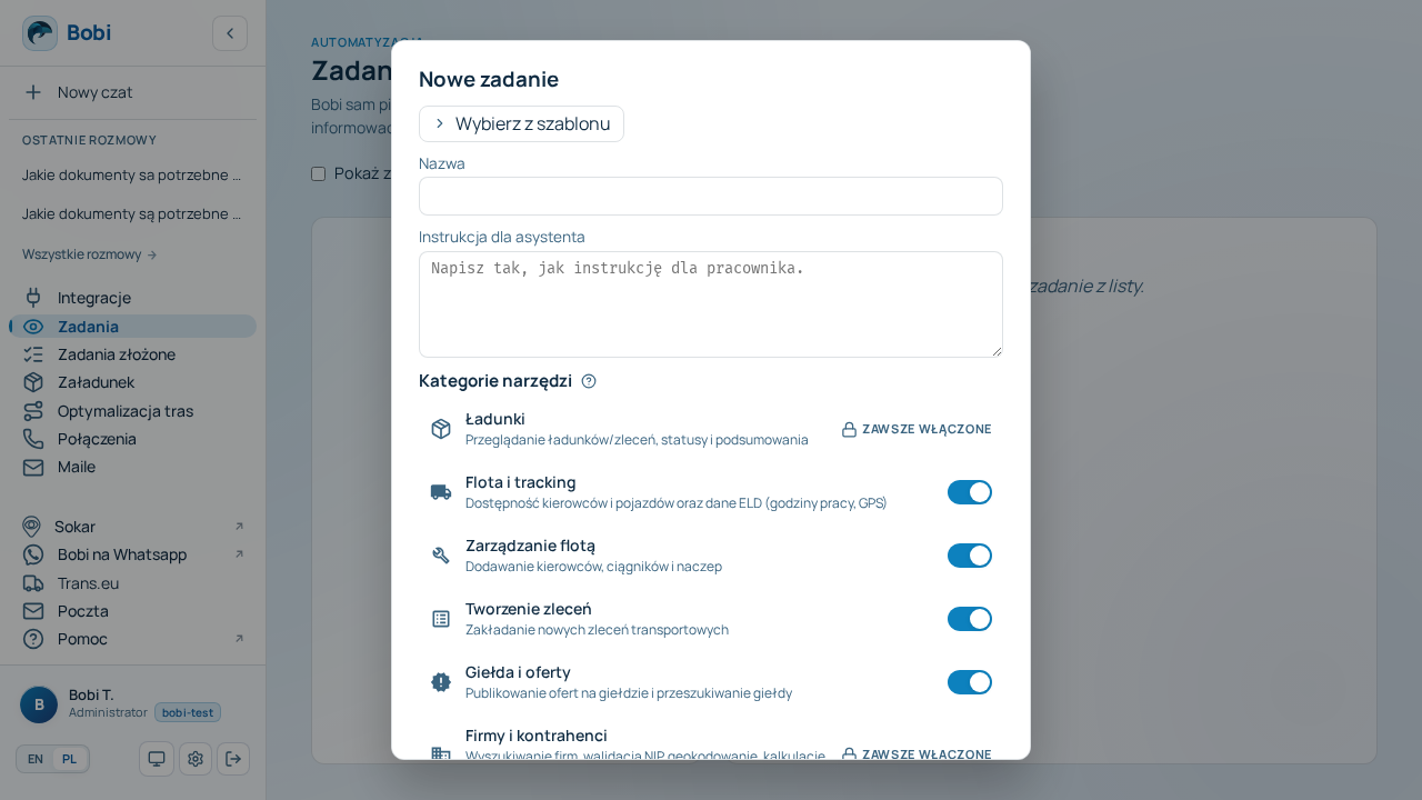 Formularz nowego zadania z polami nazwy, prompta i wyboru wyzwalacza