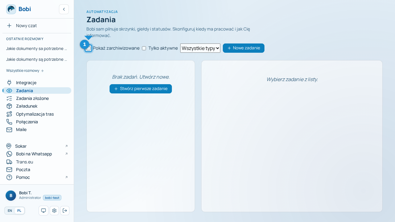 Lista zadań z filtrami oraz szczegóły wybranego zadania z przyciskami akcji