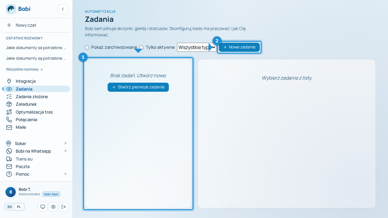 Lista zadań z przyciskiem „Nowe zadanie”