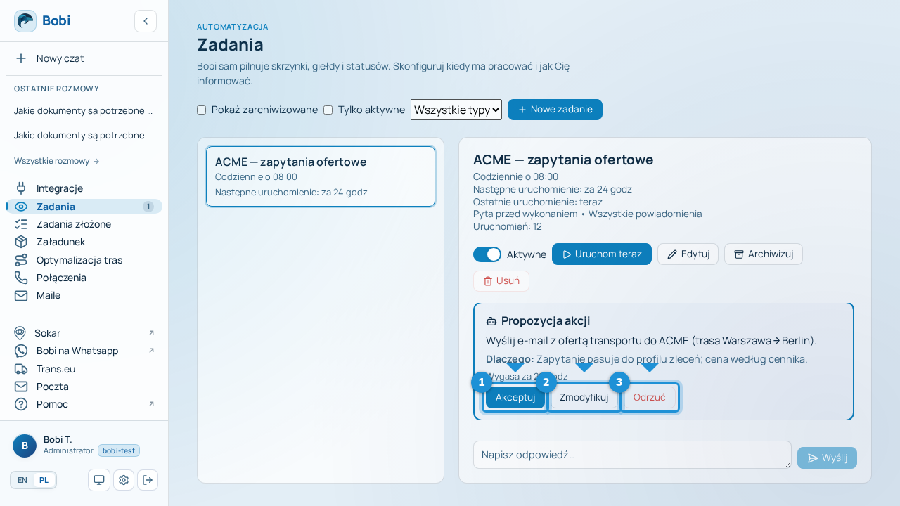 Karta propozycji z przyciskami Akceptuj, Modyfikuj i Odrzuć