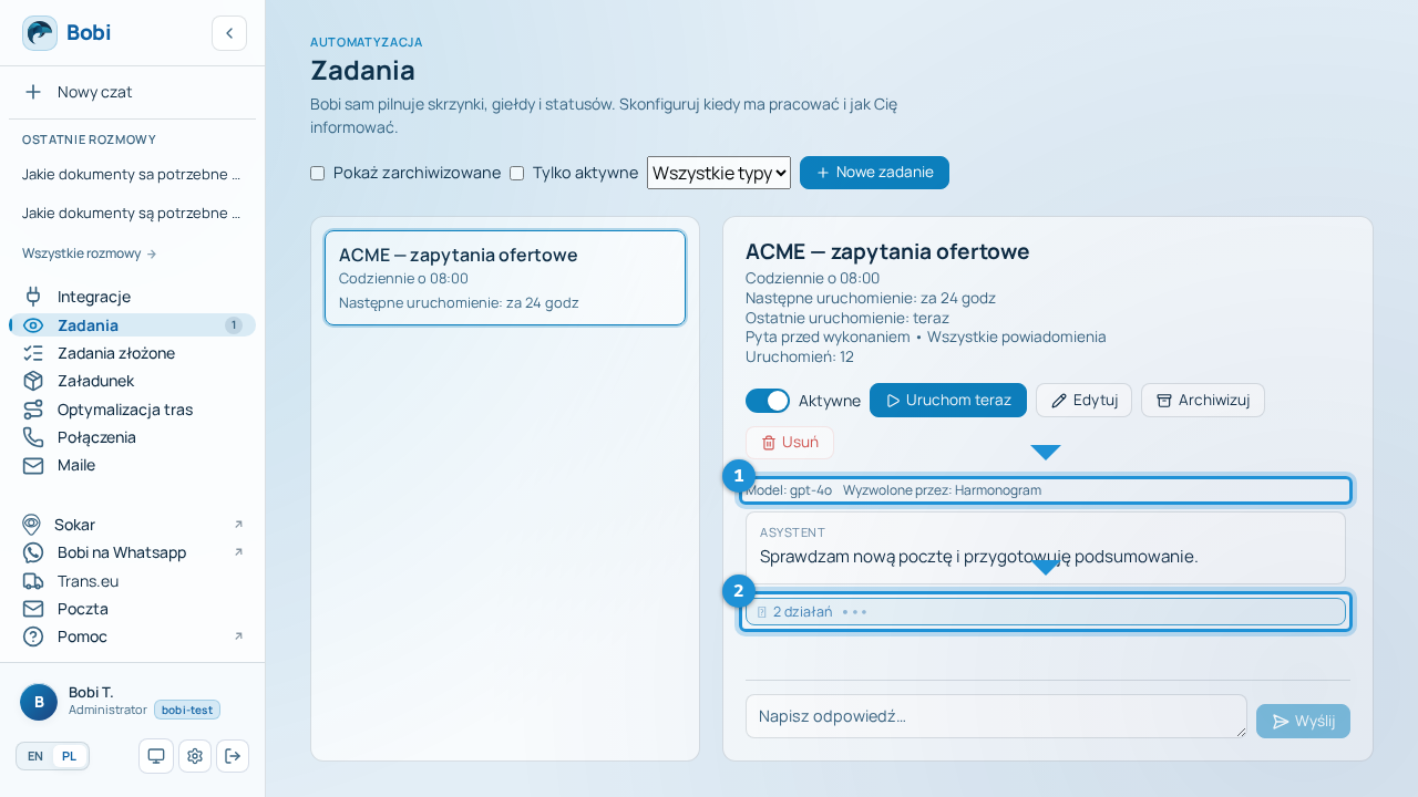 Wątek działającego zadania z grupą akcji, wskaźnikiem bieżącego narzędzia i metą uruchomienia